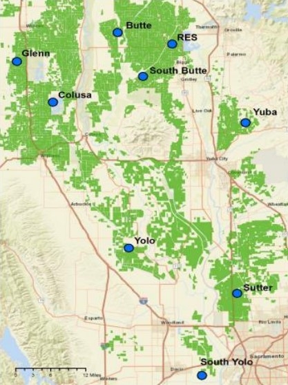 Map showing the nine locations of the variety trials throughout the north part of California
