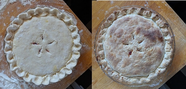 My first sour Cherry pie, raw then cooked!
