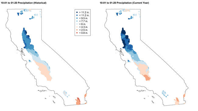 Figure 1. Historical (10-year, left) and current (right) seasonal precipitation totals between 10/1/18 and 1/20/2019 in California small grain growing regions.