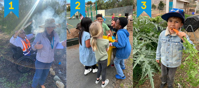 three photos, numbers 1, 2, 3. 1 is of a man in a wheelchair fanning smoke onto a woman in a hat. 2 is a group of children carrying a large bucket of soil. 3 is of a boy eating a carrot in a garden.