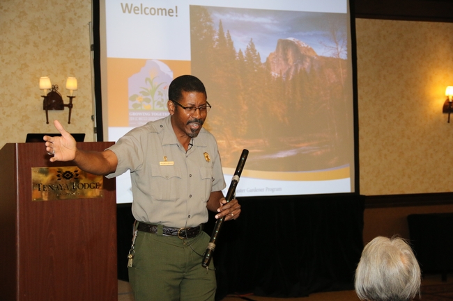 Shelton Johnson, park ranger at Yosemite National Park, welcomed UC Master Gardeners to the 2014 conference in Mariposa County.