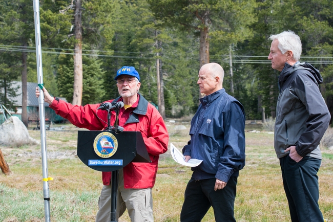 On April 1, 2015, following the lowest snowpack ever recorded and with no end to the drought in sight, Governor Edmund G. Brown Jr. announced actions that will make California more drought resilient. Photo credit: ca.gov/drought
