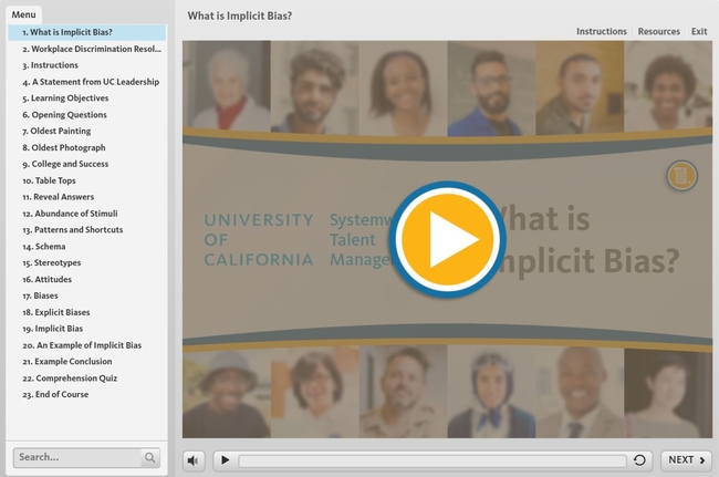 Screen shot of the first module of the Managing Implicit Bias video series titled 