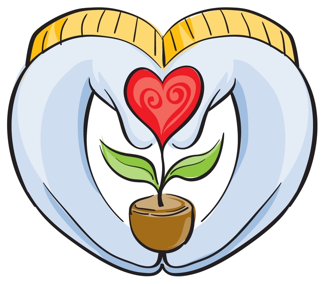 MG blue gloves with gold trim formed in the shape of a heart while holding a red potted flower also shaped like a heart.