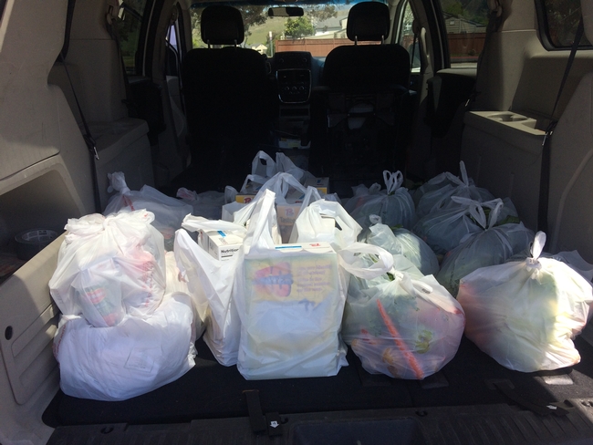 Several white plastic, grocery bags filled with food donations in the back of an suv.