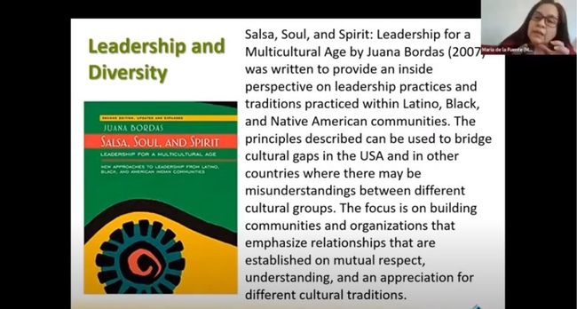 Dr. Maria de la Fuente's presentation 'Increasing Diversity in the UC Master Gardener Program' included recommendations of DEI informed leadership and organizational development. Pictured here is Juana Bordas' Salsa, Soul, and Spirit: Leadership for a Multicultural Age.