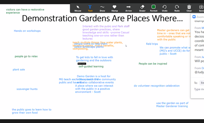 Anne Schellman, program coordinator in Stanislaus, utilized Zoom annotation tools to create real-time world clouds in response to her prompts about demonstration garden best practices. This slide asks respondents to share what kinds of activities occur in their demo gardens.