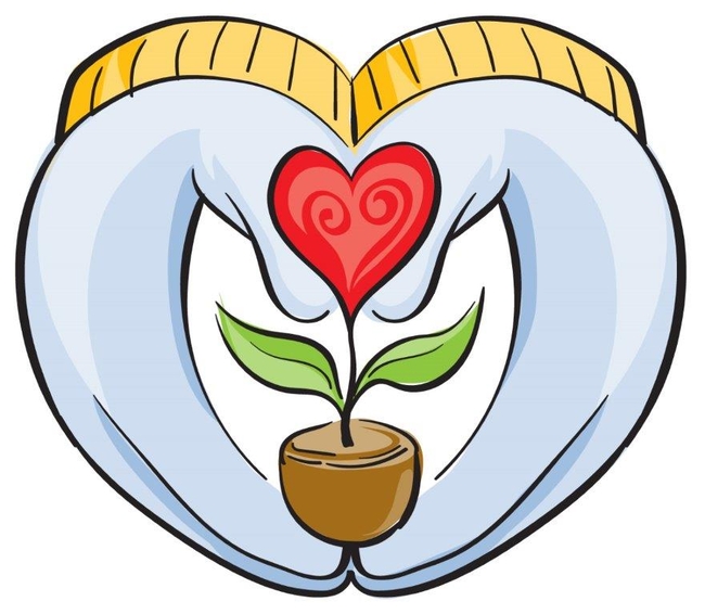 Blue gloves with gold trim formed in the shape of a heart while holding a red potted flower also shaped like a heart
