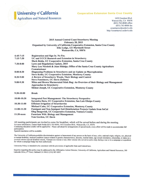 Agenda for UCCE Annual Strawberry Production Research Meeting February 20