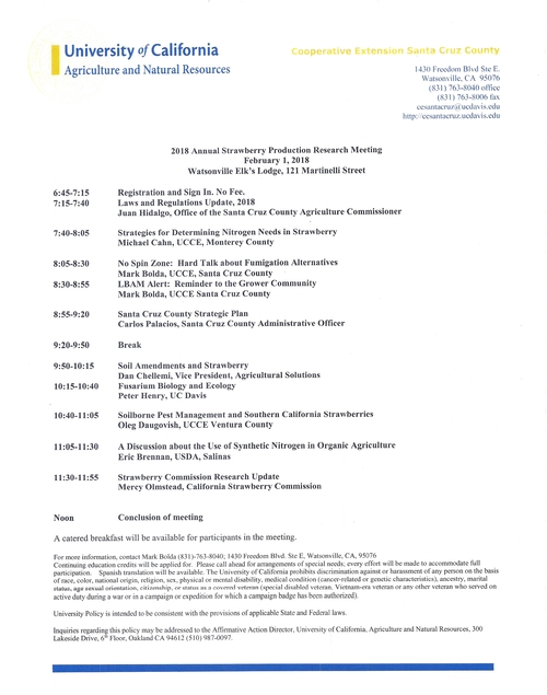 2018 Annual Strawberry Production Research Meeting Agenda