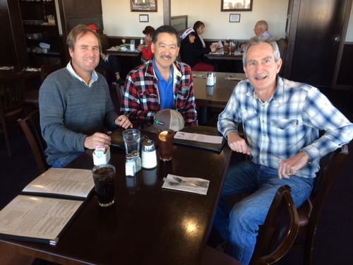 Lunch with two greats of UCCE to mark Steven Koike's 28 years of service.