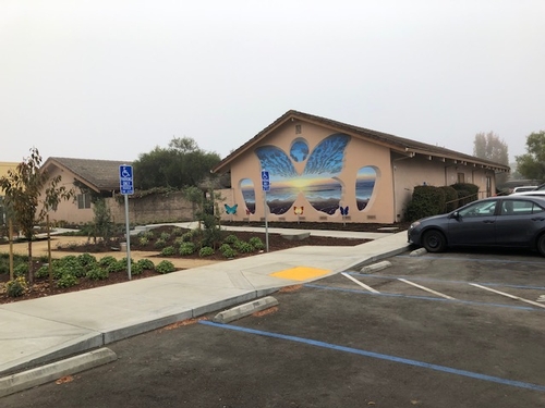 Mural on exterior wall of our UCCE auditorium.  Aromatherapy garden planned by Monterey Bay Master Gardeners in front.