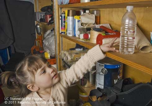 A child reaching for a pesticide stored in a common drinking container. (Credit: ML Poe)