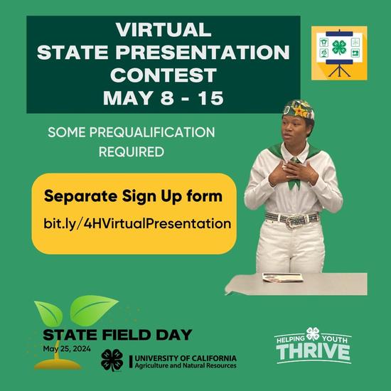 Virtual State Presentation Contest May 8-15. Some prequalification required. Separate sign up form. bit.ly/4HVirtualPresentation