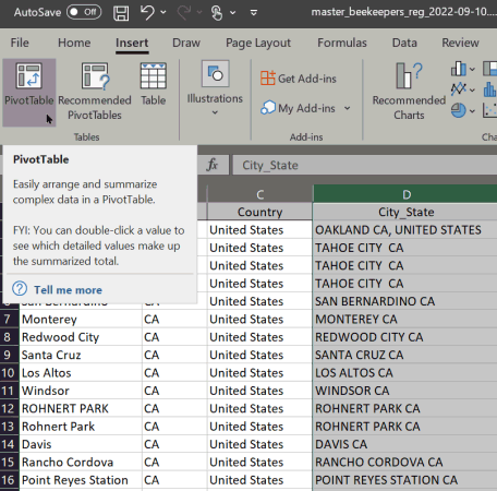 Combine city and state in one column, then Insert > Pivot Table