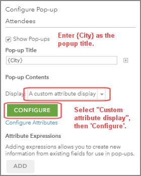 Change the pop-up title to the name of the city, and select 'Custom attribute display'