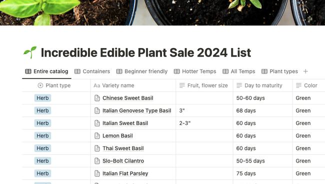 Screenshot of the interactive Plant Sale catalog