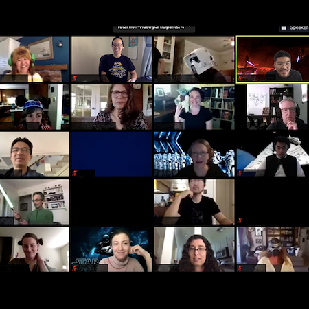 Some of the UC IPM staff during a monthly staff meeting via Zoom. We appear in a 4 by 5 grid showcasing our Star Wars gear of Leia buns & light sabers