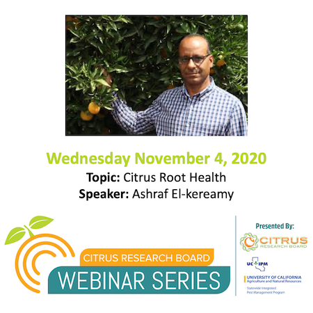 Flyer with a photo of El-kereamy outside in front of a citrus tree holding out a branch with green leaves and fruit. The flyer text: Wednesday Novembe
