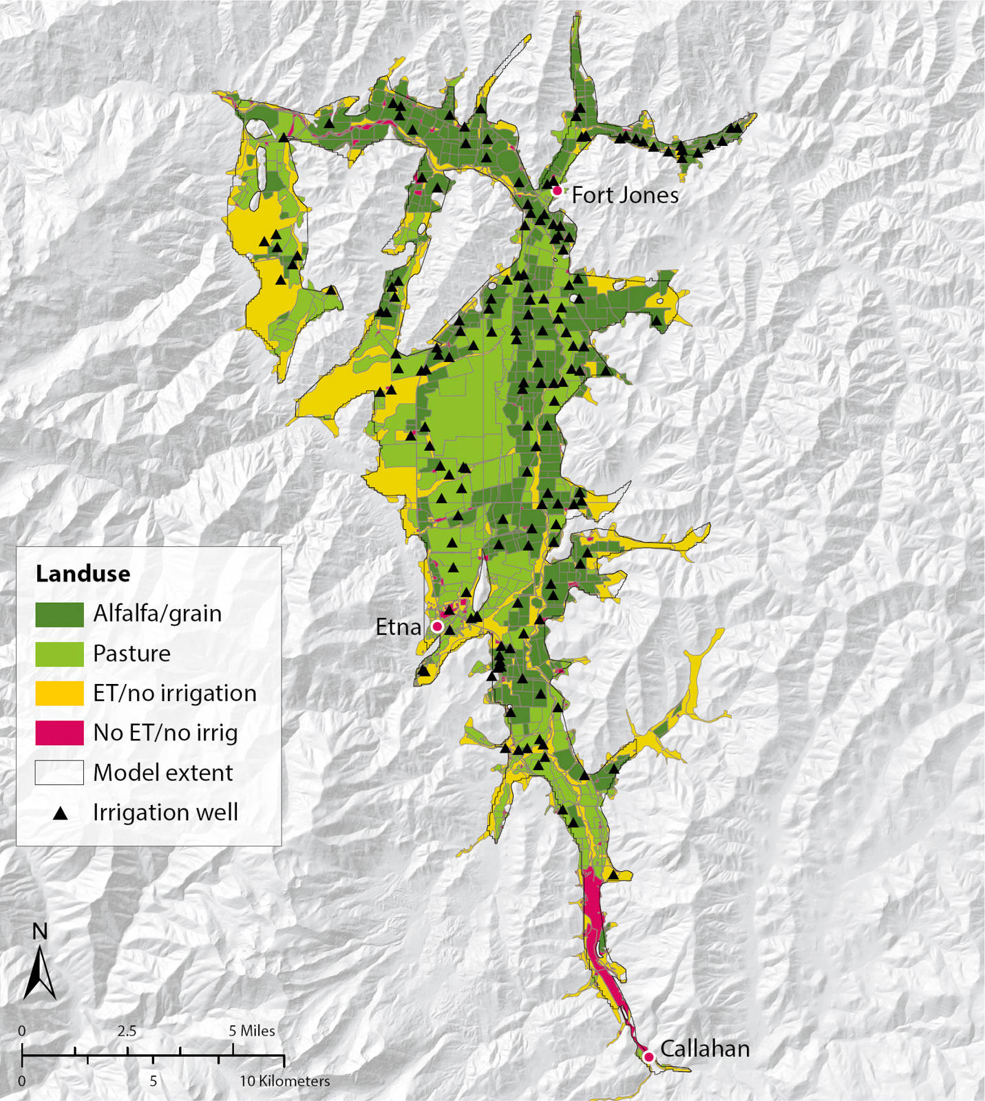 Land use information and well locations in Scott Valley. ET/no irrigation reflects nonirrigated vegetation, e.g., lawns and riparian vegetation. No ET/no irrigation represents nonvegetated land surfaces including the mine tailings near Callahan. Well location information was obtained from well logs filed with the Department of Water Resources and verified in the field. Source: Model extent derived from Mack (1958) and SSURGO data. Land use polygon data source: DWR (2000). Revised to reflect 2011 land use patterns (GWAC, Groundwater Advisory Committee). Projection: North American Datum 1983, UTM Zone 10.