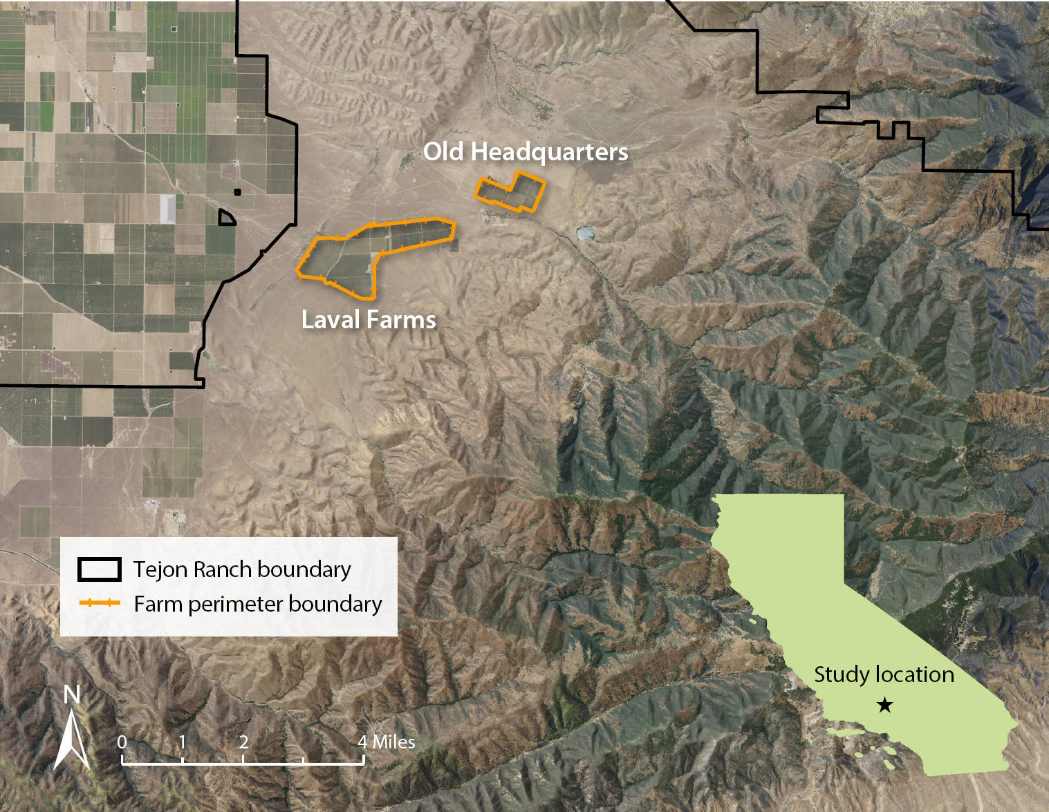Location of the two farms on Tejon Ranch where we studied wild pig activity. The agricultural land visible to the west of Laval Farms and Old Headquarters is in the southern San Joaquin Valley. Highest-quality, year-round wild pig habitat lies in the Tehachapi Mountains south of the farms.