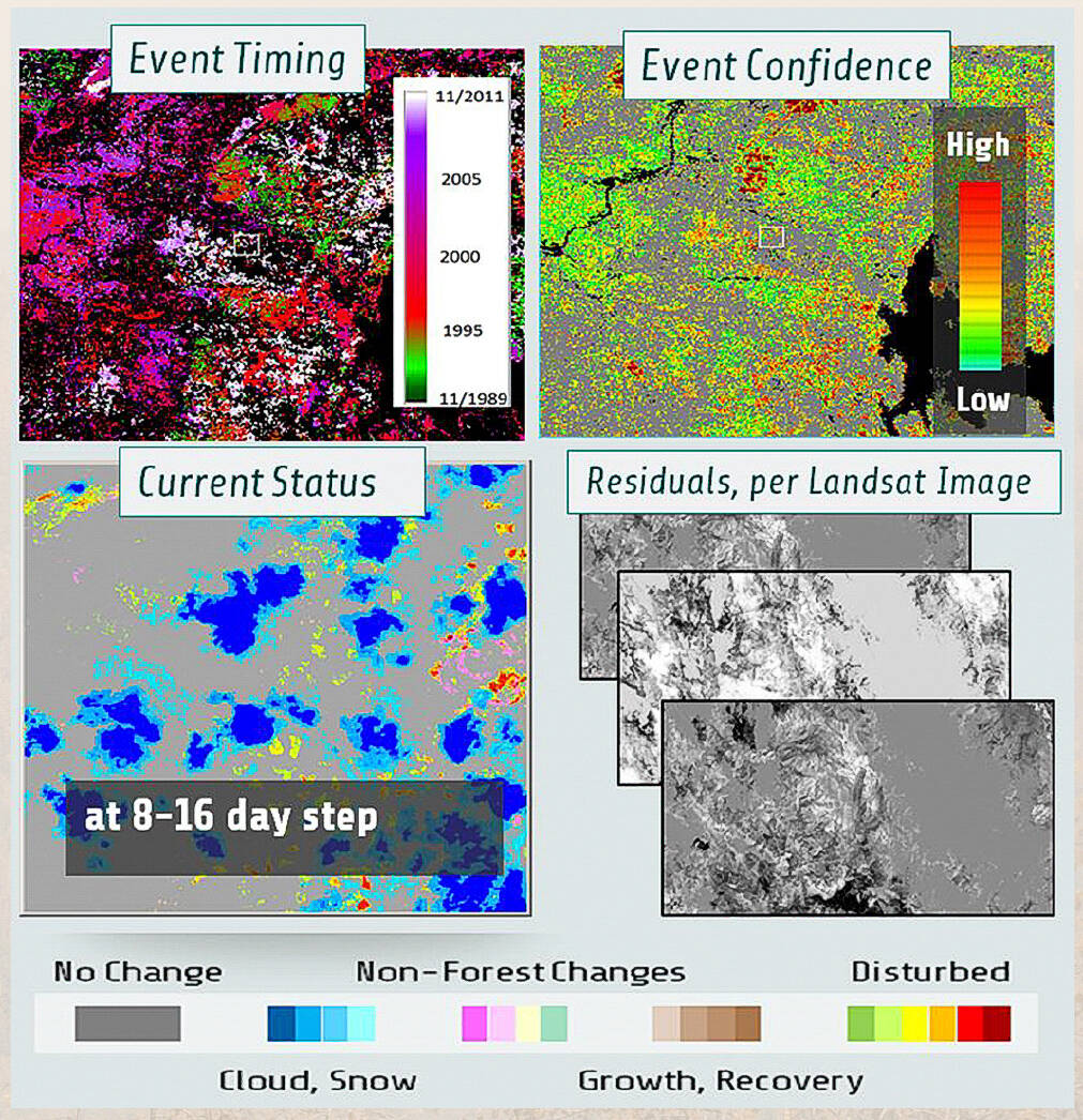 eDaRT algorithm processes Landsat images at 16-day step and detects disturbance status snapshots and disturbance events (timing and confidence). Additional metrics of disturbance impacts include estimated relative change in vegetation cover, greenness and moisture content. More information at www.cstarsd3s.ucdavis.edu/systems#a-sys-drt.