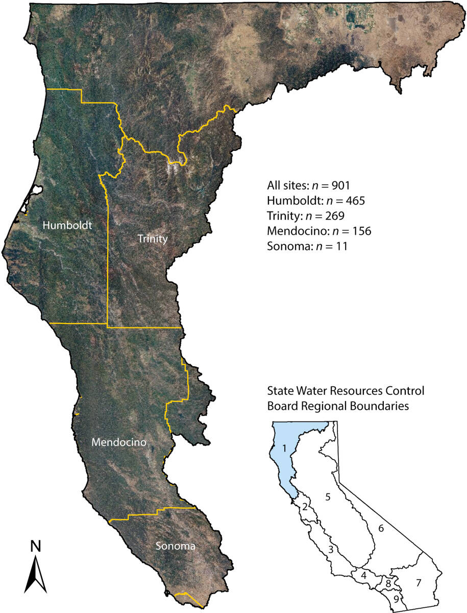 Map of study area. Humboldt, Trinity and Mendocino counties together comprise the “Emerald Triangle,” entirely contained within the North Coast region of California. Additional reports were collected from sites in Sonoma County but, due to the small size of that sample, the reports were combined with Mendocino County's for analysis.