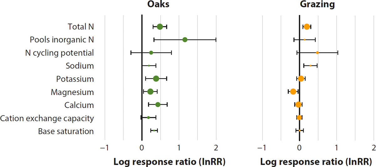 Mean response ratio (InRR) and 95% confidence intervals (CI) for the response of soil N availability and individual cation metrics to oaks and the presence of grazing. If a metric has InRR > 0 and a 95% CI that does not overlap zero, it significantly increased in the presence of oaks or grazing. The size of each circle is a function of the number of unique observations supporting that relationship.