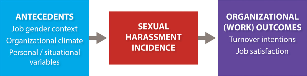 Summary of theoretical models and variables investigated. Measures were selected from existing models (e.g., O'Leary-Kelly et al. 2009). Antecedents may influence the probability of sexual harassment occurring, which in turn impacts work outcomes.