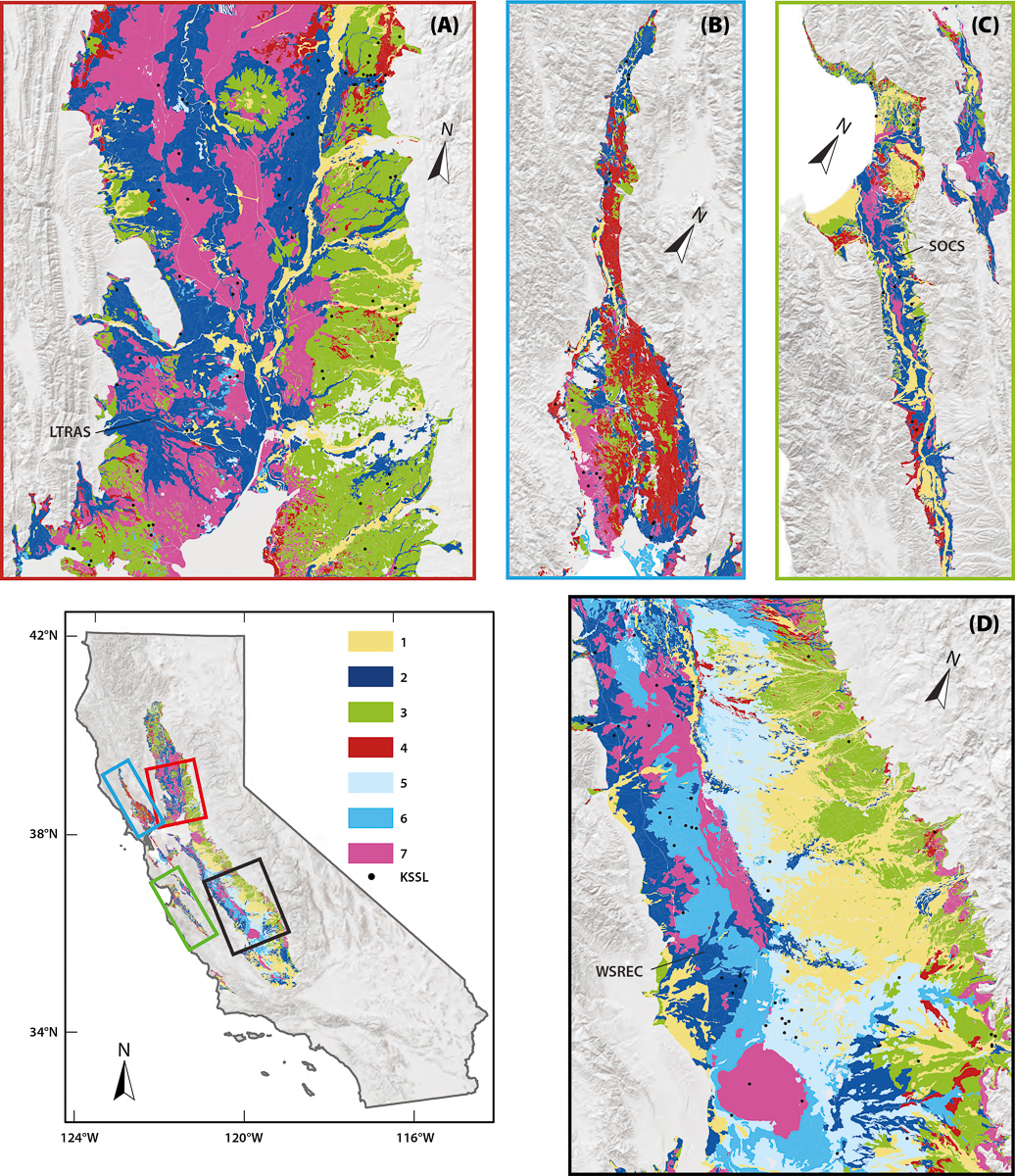 Seven California soil health regions identified from cluster analysis of 10 soil properties derived from USDA-NRCS SSURGO (Soil Survey Geographic) data, highlighting the following: (A) southern Sacramento Valley, (B) Napa and Sonoma valleys (including adjacent hillsides), (C) Salinas, Santa Clara and Pajaro valleys and (D) central and southern San Joaquin Valley. Locations of Kellogg Soil Survey Laboratory (KSSL) points and three soil health experiments are depicted: the Long Term Research in Agricultural Sustainability (LTRAS), Salinas Organic Cropping Systems (SOCS) and UC West Side Research and Extension Center (WSREC). Soil health regions: 1 = Coarse with no restrictions, 2 = loamy with no restrictions, 3 = low organic matter (OM) with restrictive horizons, 4 = high OM with restrictive horizons, 5 = coarse-loamy salt-affected, 6 = fine salt-affected and 7 = shrink-swell.