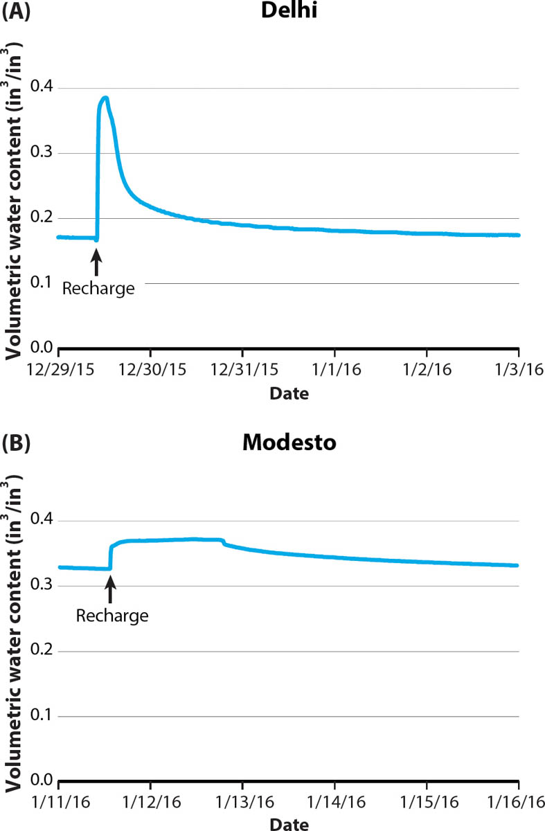 Changes in volumetric water content (VWC, in3/in3) at 1.5 ft (45 cm) soil depth in response to a single flood event (black arrows) at (A) Delhi and (B) Modesto. During each groundwater recharge event, 8 inches of water were applied at Delhi, and 6 inches at Modesto.