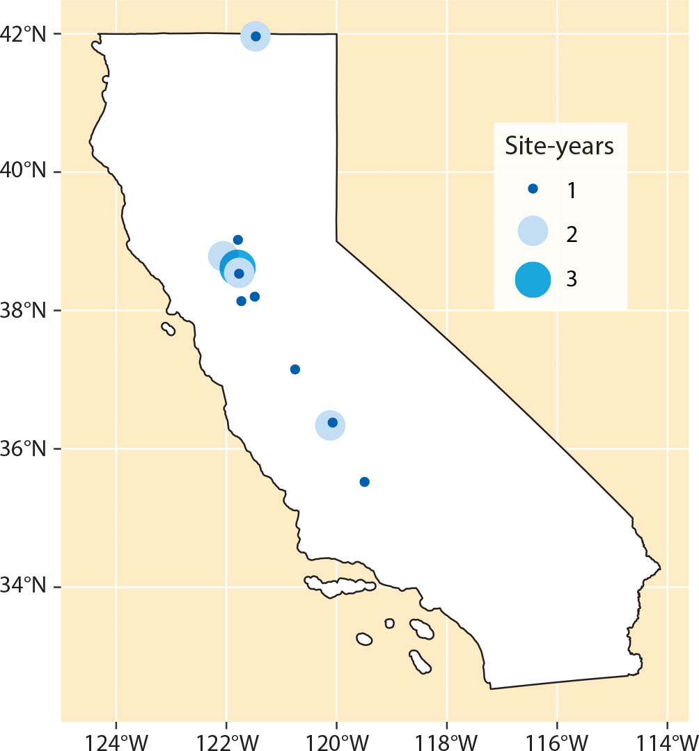 Locations and the number of site-years at each location where soil samples were taken. Further information about site-years can be found in table 1.