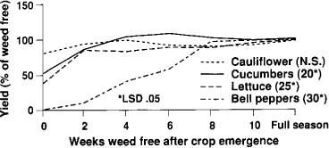 Vegetable yields for four crops, relative to the number of weeks following crop emergence that the crops are weed free.