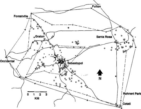 Distribution of European mistletoe in 1971 (solid dots), 1986 (open circles), and 1991 (stars). Each symbol represents an infected tree or groups of infected trees. The point of introduction in Sebastopol is indicated by the arrow. The 1971 survey shows all sites then known. The 1986 and 1991 surveys concentrated on outlying areas not previously known to be affected, but all infected trees found in those years are shown.