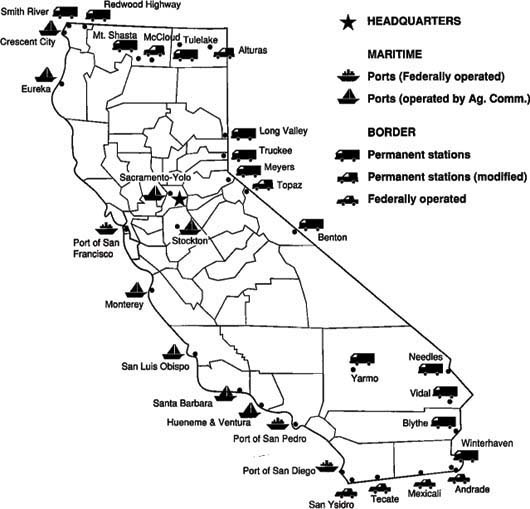 Border agricultural inspection stations and foreign ports of entry overseen by the California Department of Food and Agriculture.