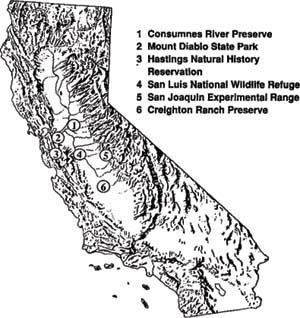 Study sites for long-term monitoring of bee communities in California.