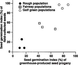 The joint distribution and correlation of seed germination index between the field-collected Poa annua seed populations and their respective greenhouse poly-crossed seed progeny populations.