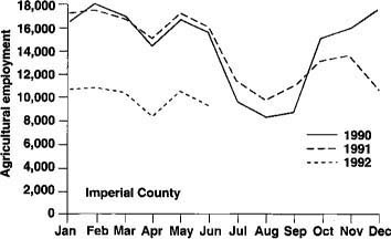 Agricultural employment in Imperial County over three years. The drop of about 6,000 jobs in 1992 would account for a significant portion of the 10,000 unemployed workers indicated in figure 1. Source: Employment Development Department, Imperial County.
