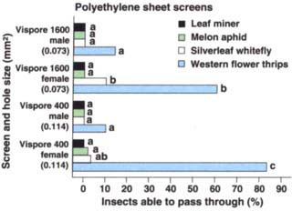 Effectiveness of polyethylene sheet screens in preventing the movement of leaf miner, melon aphid, silverleaf whitefly and western flower thrips. For a particular insect, screens with the same letter are not significantly different from one another in their ability to exclude that insect (p<0.05 ANOVA and Ryan's multiple range Q-test). All the polyethylene sheet screens tested prevented passage of green peach aphids. These screens are no longer being manufactured.