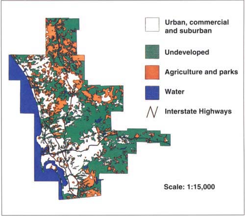 Wildland fragmentation in western San Diego County, 1990. Many habitat fragments are completely surrounded by developed areas.