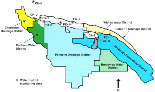 Water districts shown in color are part of the Grasslands Bypass Project. The combined districts form a drainage area that appears as a yellow outline in figure 2 (page 13).