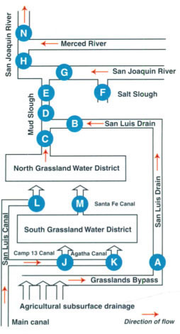 Schematic diagram showing bypass of selenium drainage around the Grassland Water District. Project monitoring stations indicated by letters in circles.