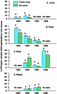 Mean third-generation leafhopper nymph counts (± SEM) show lower pest densities in cover crop than no cover treatments in (A) juice grapes — 1993, 1994; (B) table grapes — 1993, 1994, 1995; and (C) wine grapes — 1995, 1996. There was no between-treatment difference at the (D) raisin grape site. In each year and vineyard, paired means followed by different letters are significantly different (Tukey HSD test, P ≪ 0.05). Data from the wine grape site in 1994 are from the second generation because severe defoliation in the third generation resulted in lower leafhopper densities.