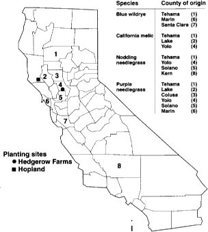 Counties of origin for accessions of native perennial grasses studied and the two planting sites, UC Hopland Research and Extension Center and Hedgerow Farms.