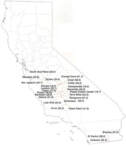 Twenty-five rural California towns with the highest unemployment rates. Percent unemployed shown in parentheses. Map by Rusty Scalf.