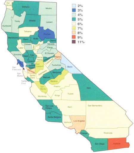 California children living in grandparent households, prevalence rates by county. Source: 1990 U.S. Census.