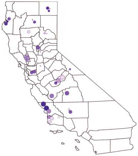 Dots represent location of herds sampled. Dot size indicates the prevalence of major Strongylate nematodes (largest [85%] to smallest [8.6%]). Coccidia prevalence, represented by increased dot color intensity, ranged from 0% to 40%.