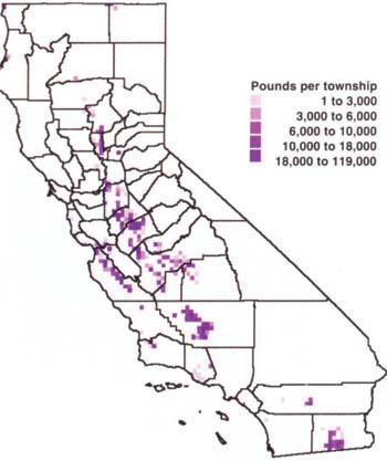 Pounds of 1,3-D applied by township in 1999. Source: California Department of Pesticide Regulation.