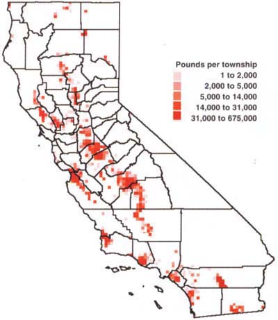 Pounds of methyl bromide applied by township in 1999. Source: California Department of Pesticide Regulation.