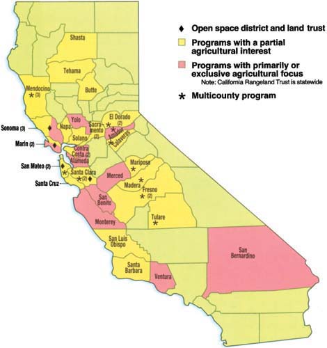 California land trusts and open space districts with agricultural programs. Counties shown have one program, unless otherwise indicated by a number in parentheses.